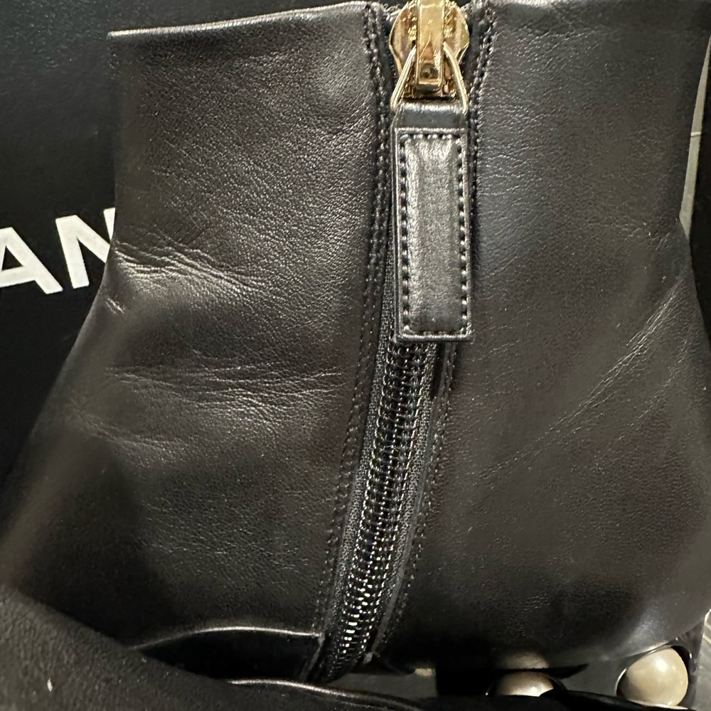 Authentic Chanel Black Leather ShortBoots With Pearl Embellished Heels,used - Picture 16 of 17